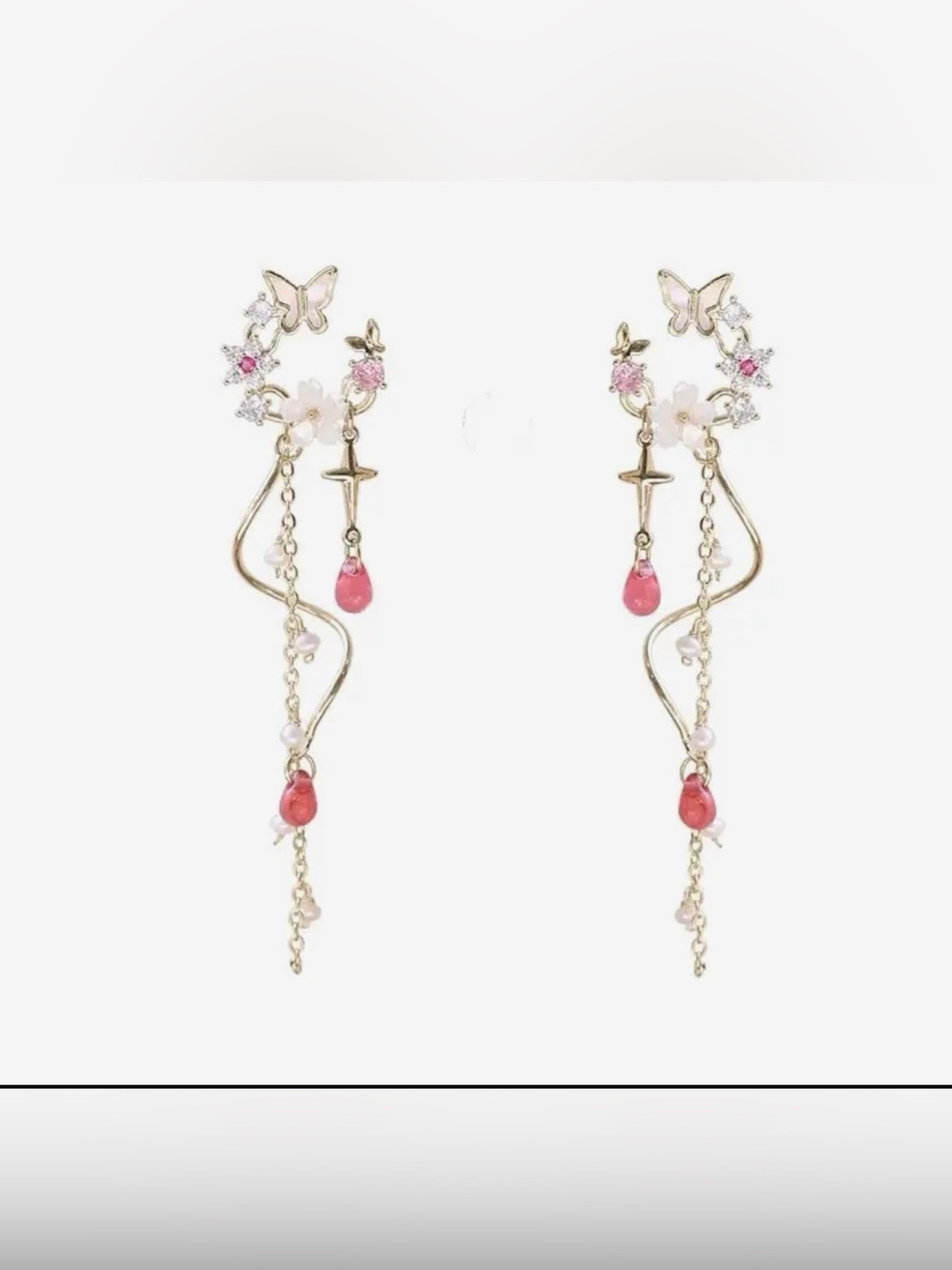 Gold Butterfly Drop Earrings with Pink Teardrop Accents